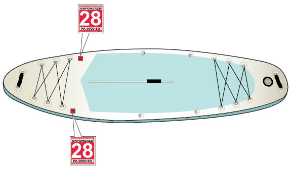 Graphic showing the boat registration placement goes on each side of the bow of a paddleboard