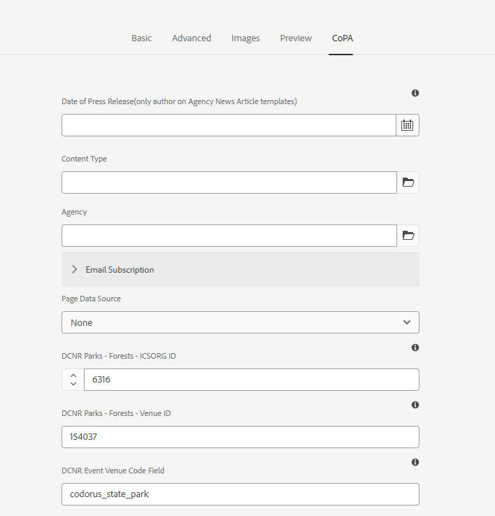 Sample Page Properties for Codorus State Park.