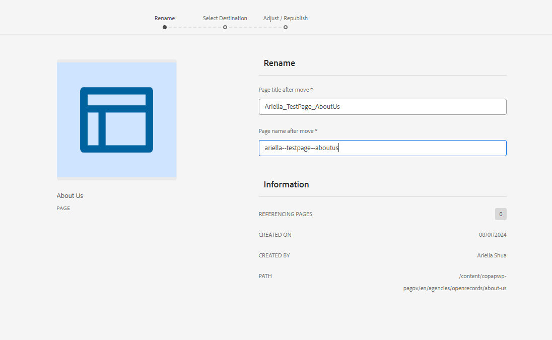 Page on the rename screen of the Move function. Page is titled "Ariella_TestPage_AboutUs" and named "ariella-testpage-aboutus."
