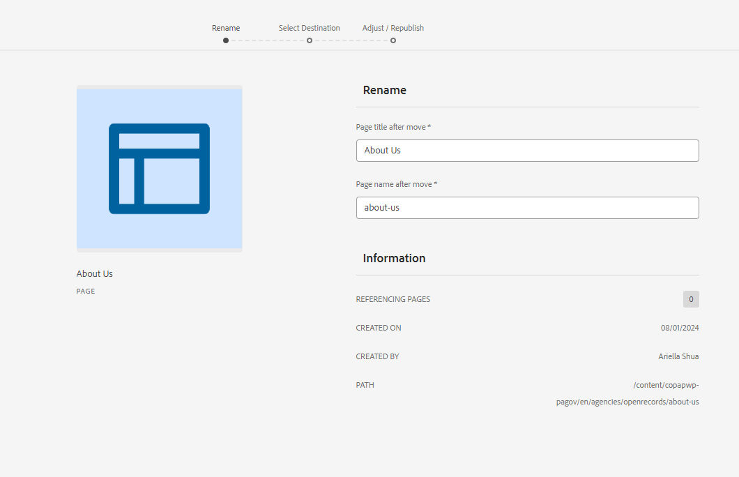 Page on the rename screen of the Move function. Page is titled "About Us" and named "about-us."