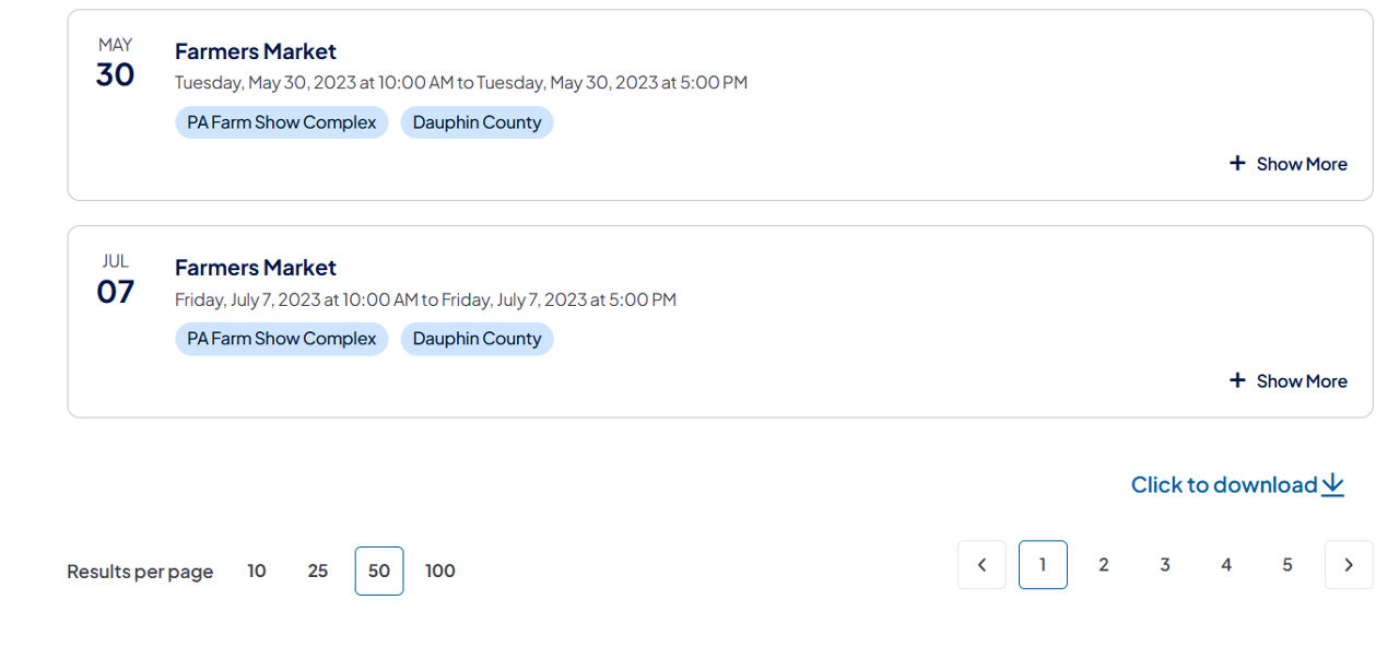Sample Search Results component with pagination and results per page options
