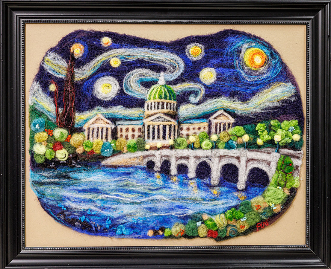 felted wool fiber art of capitol in Van Gogh Starry Night style