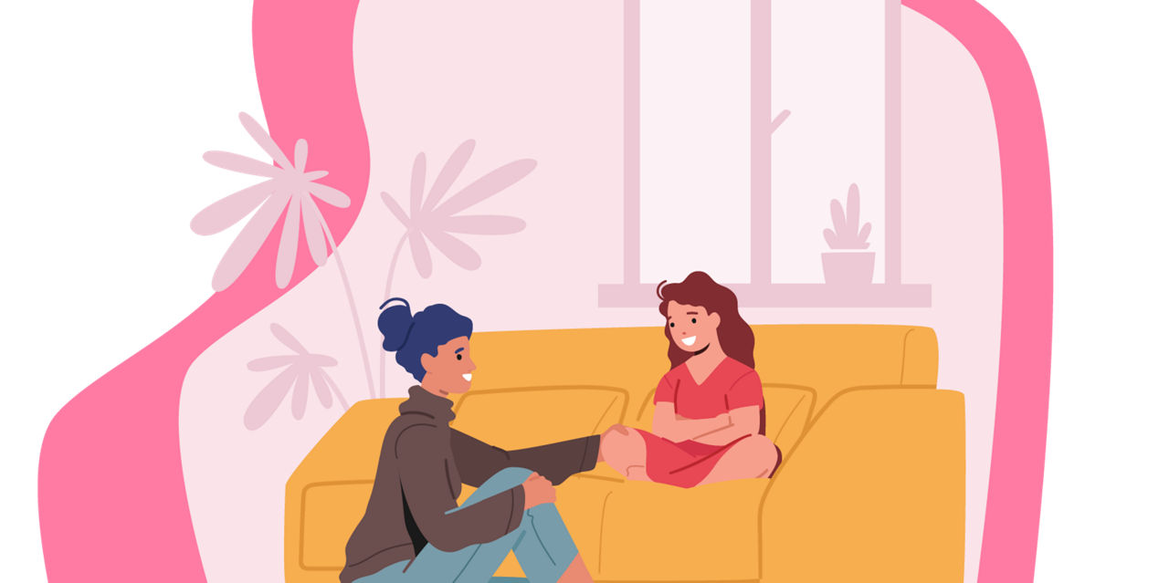 Illustration of a mother kneeling down to chat with her daughter on the couch.