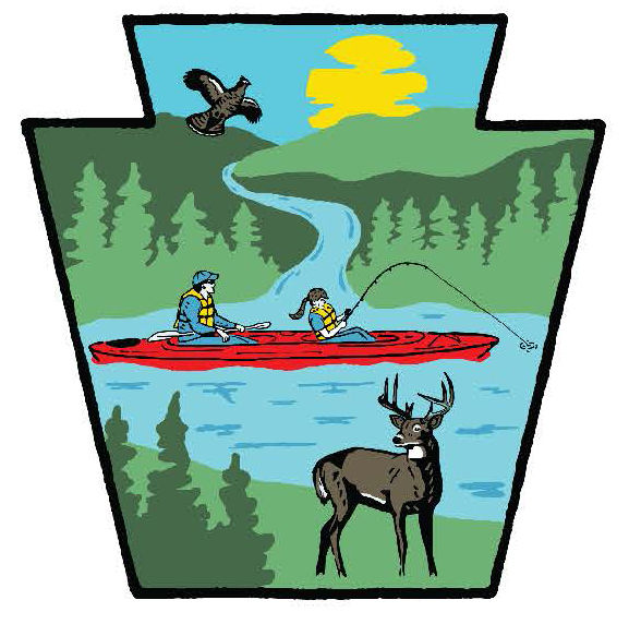 Keystone shape showing a scenic lake with a ruffed grouse, two anglers fishing from a red kayak, and a white tailed deer standing on the shoreline.