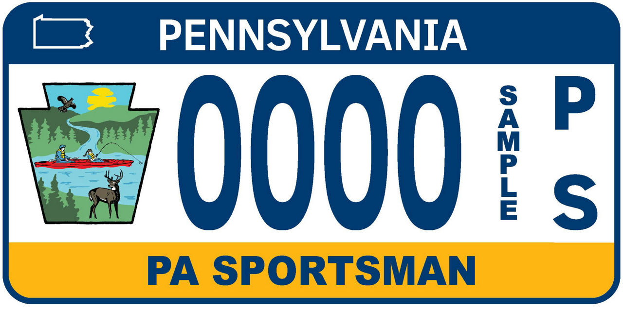 Blue and yellow PA license plate with a sportsmans graphic showing a scenic lake with a ruffed grouse, two anglers fishing from a red kayak, and a white tailed deer standing on the shoreline.