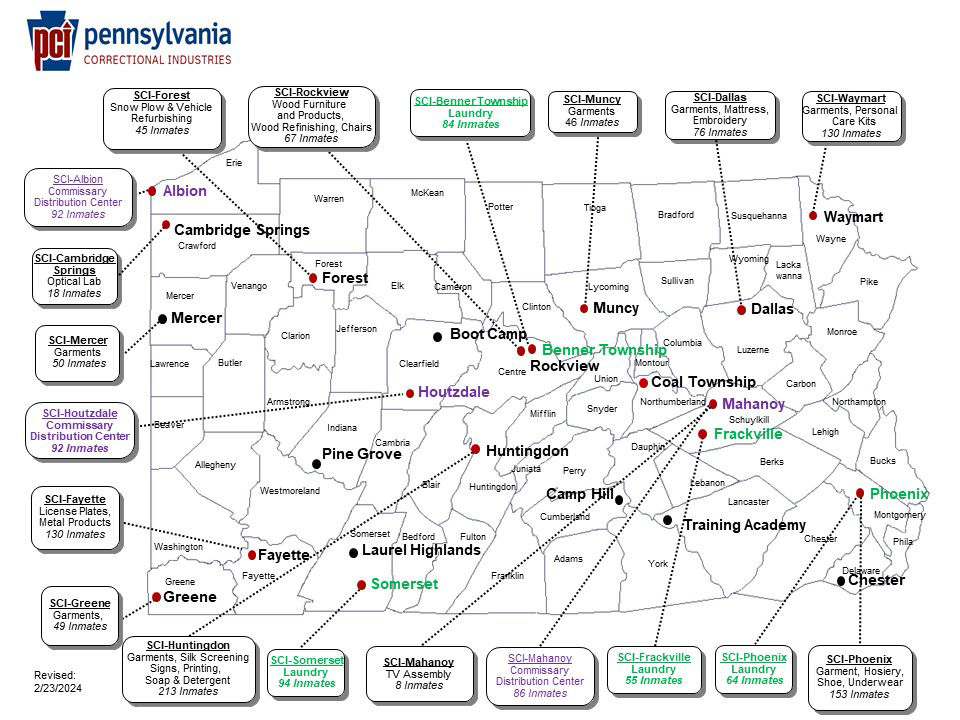 A map of Pennsylvania Correctional Industries locations. For full details, see the table below.