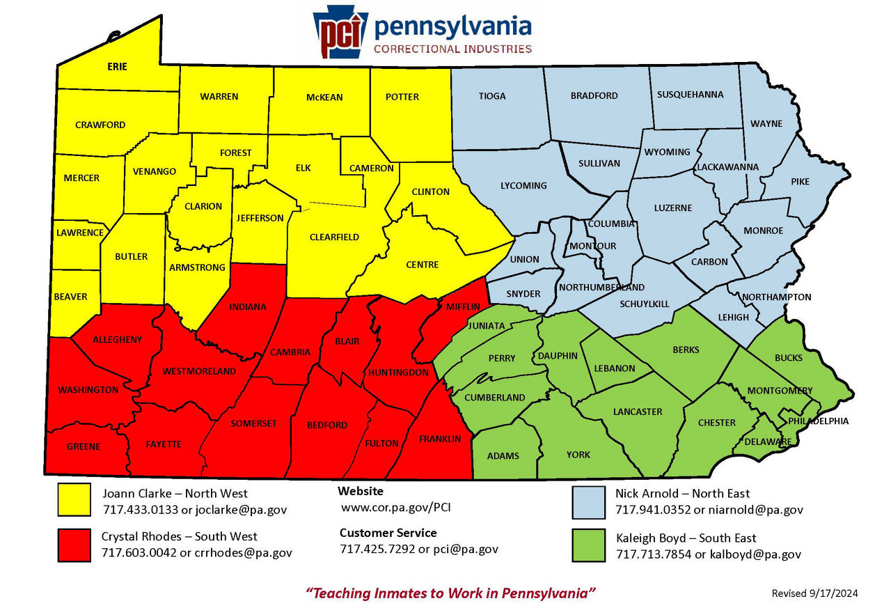 PCI Sales Districts Map. The information in the map is shared below.