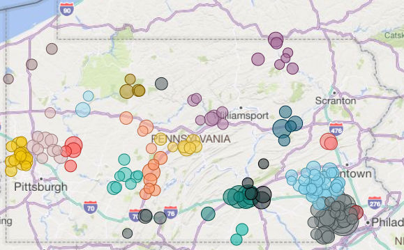 A map of Pennsylvania showing data points for violations by county