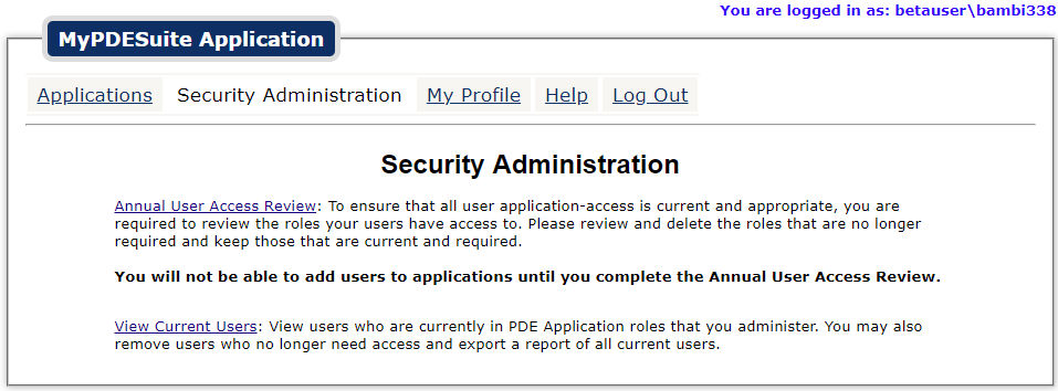 screenshot of MyPDESuite Application - Security Administration