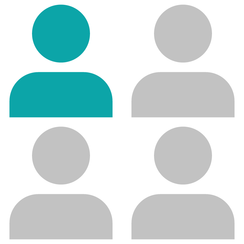 Icons of people with 1 teal colored and the other 3 gray.