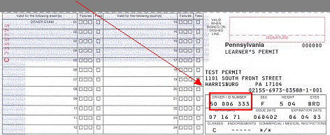 image of learner's permit with red box and arrow calling out the location of the learner's permit number