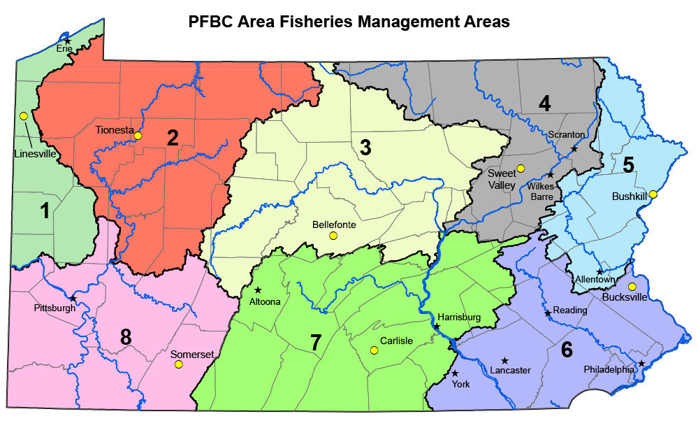 Outline of the state of pennsylvania showing the nine fisheries management areas