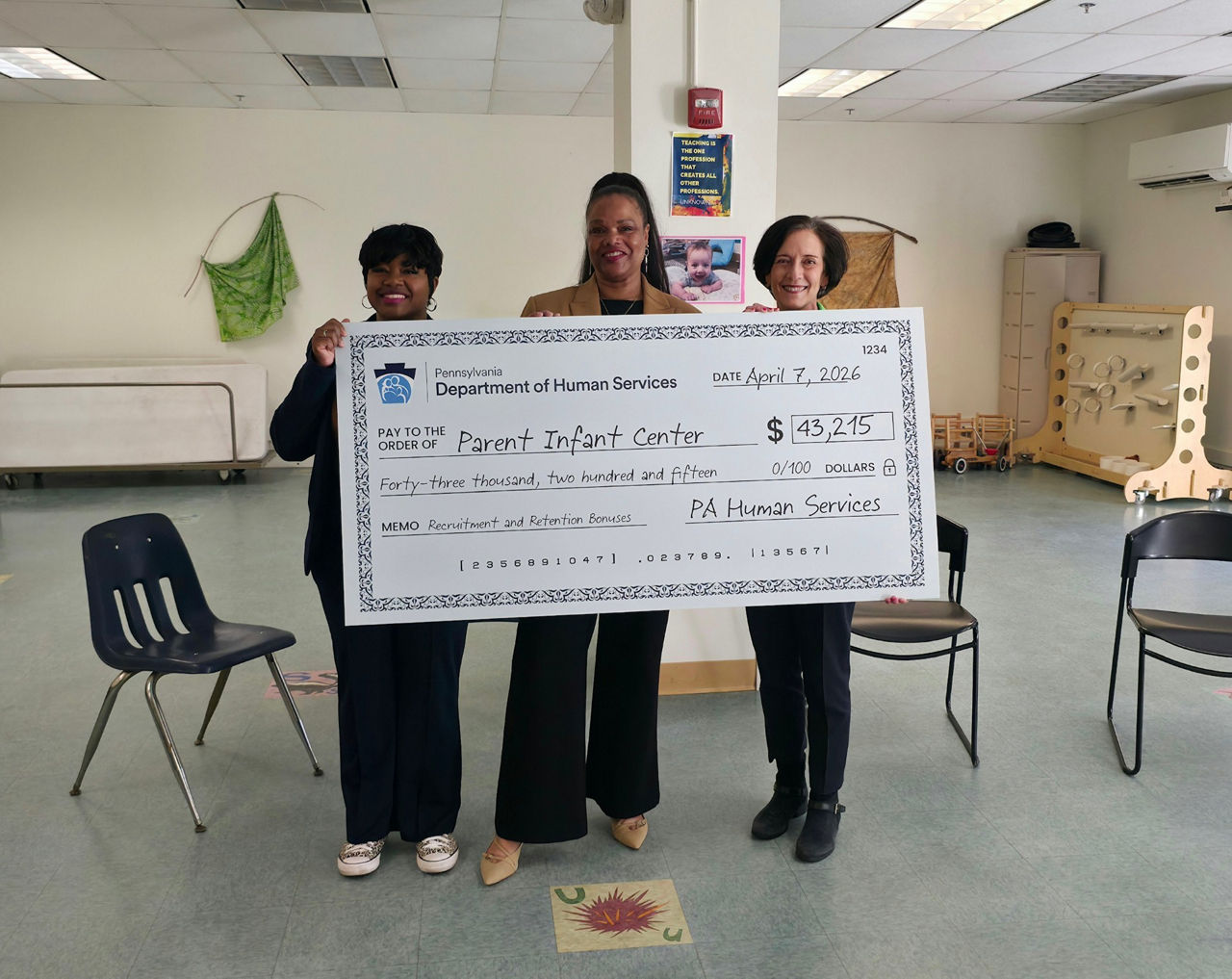 DHS Secretary Dr. Val Arkoosh recognized West Philadelphia’s Parent Infant Center as recipient of the largest individual Child Care Recruitment and Retention Program bonus award