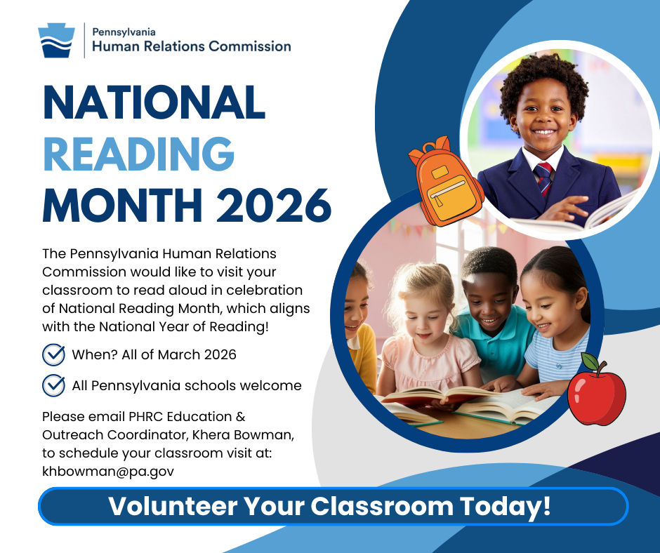 Flyer from the Pennsylvania Human Relations Commission promoting National Reading Month 2026. 