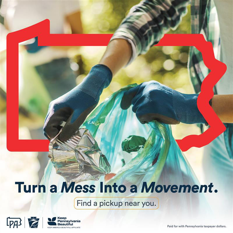 Person wearing gloves putting trash into a bag. Title: turn a mess into a movement. Find a pickup near you.