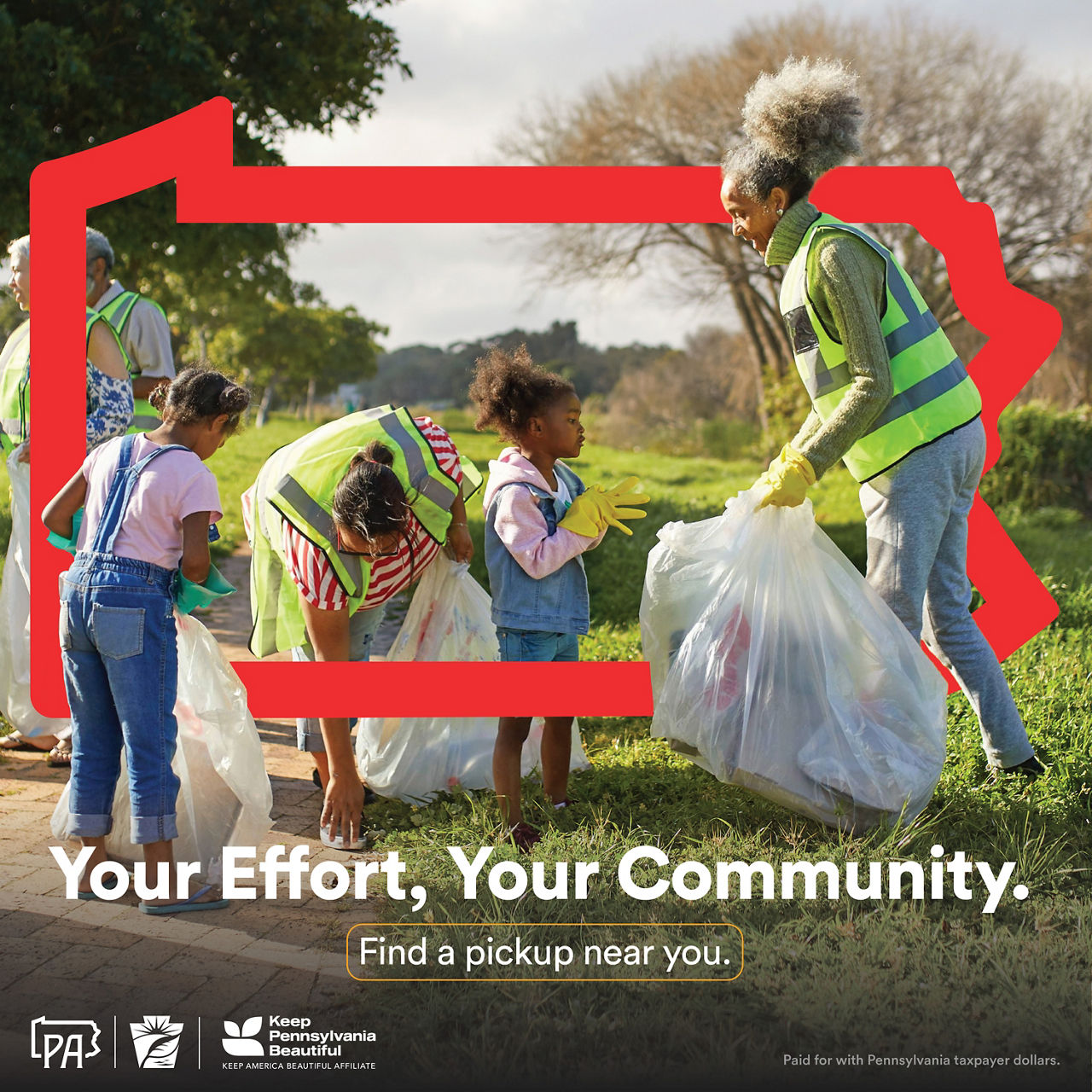 Group of people in high-vis vests picking up trash. Title: Your effort your community, find a pickup near you.