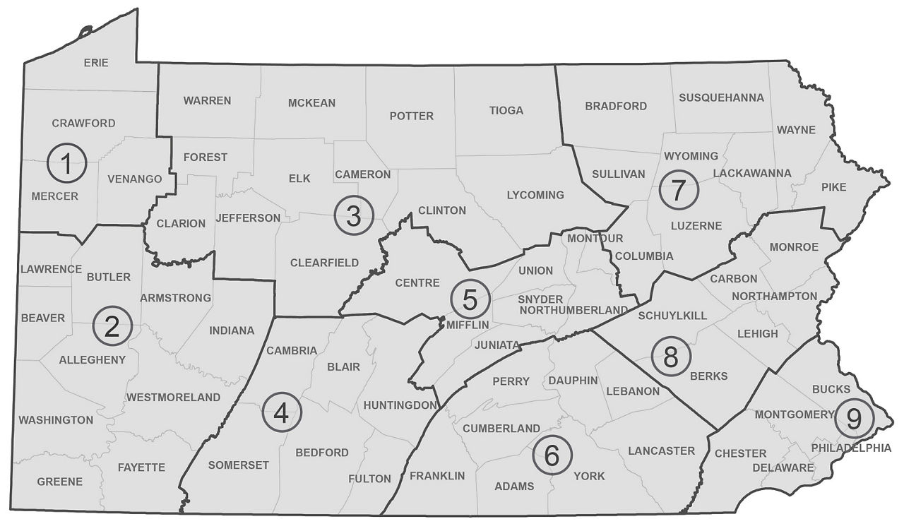 Map of Pennsylvania divided into nine section and showing county names and boundaries.