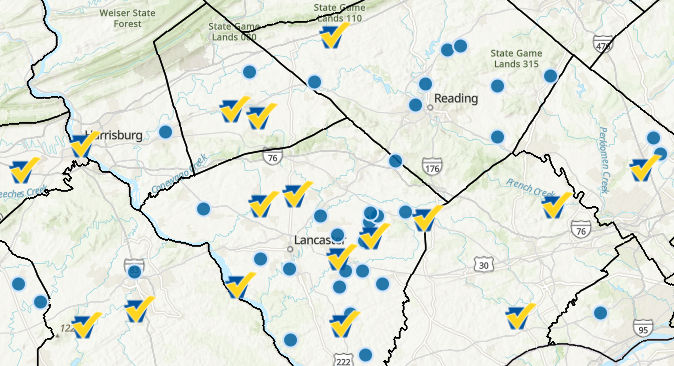 A closeup of the dairy processor dashboard, showing locations of processors in part of southeastern Pennsylvania