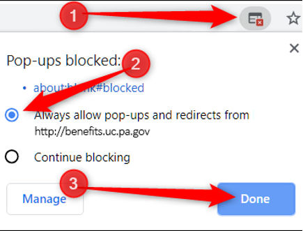 screenshot depicting the steps to allow pop-ups to enable clearing your cache and cookies from the web browser