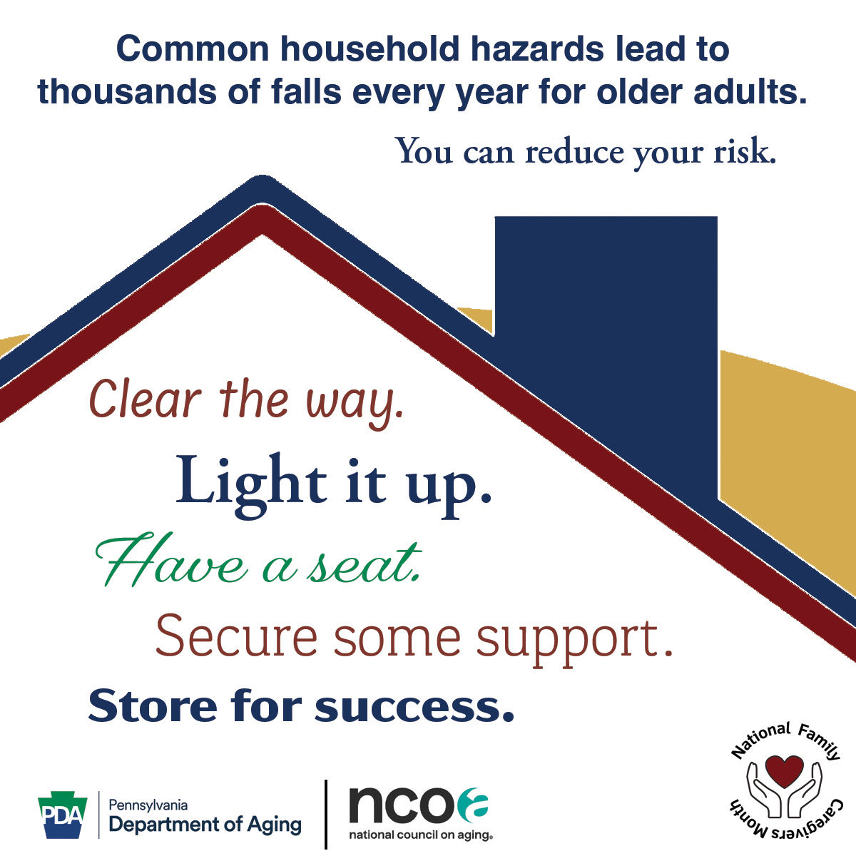 Common household hazards lead to thousands of falls every year for older adults. List of things to do to prevent falls. Clear the way, light it up, have a seat, secure some support, store for success.