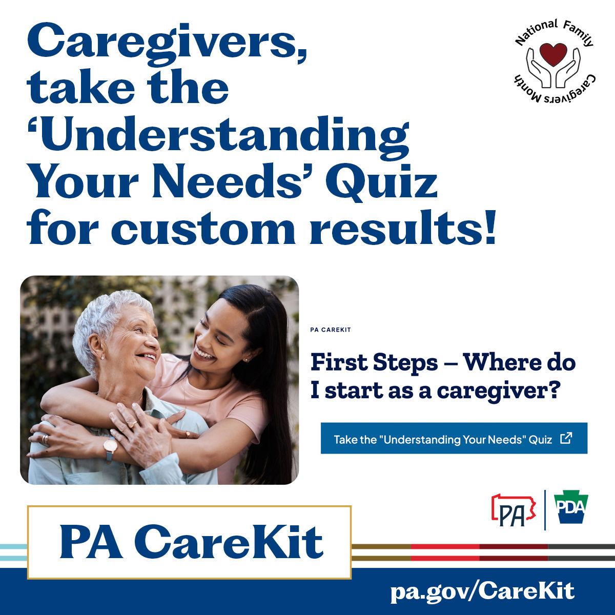 Caregivers take the Understanding Your Needs Quiz for custom results. PA CareKit - pa.gov/CareKit