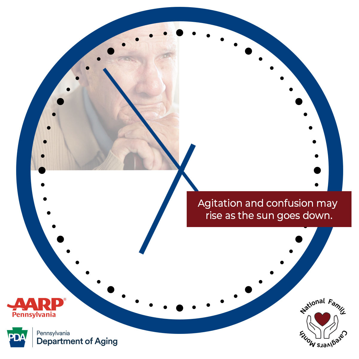 Clock graphic with sad older adult in the 9-12 section of the clock.