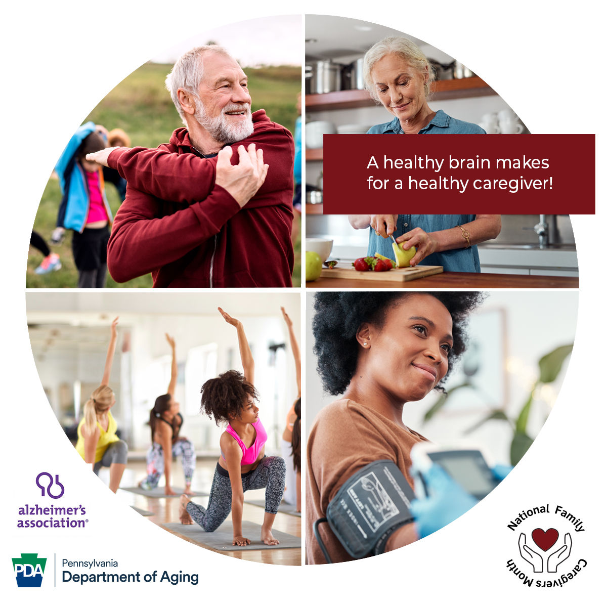 Circle graphic showing image of adults exercising and eating healthy.