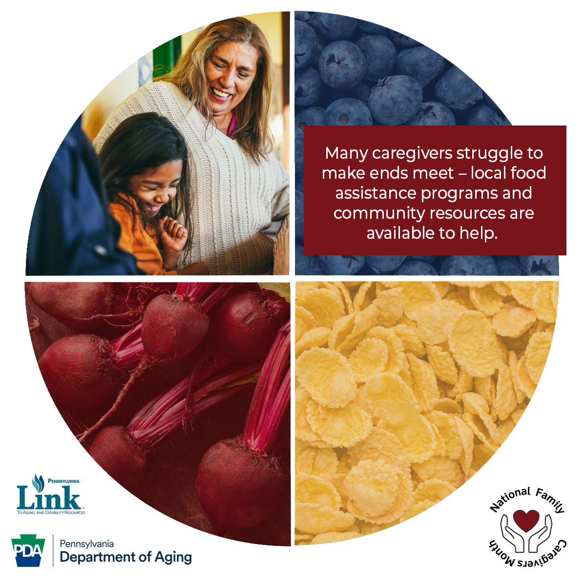 Circle graphic with older adult and child looking happy - various images of healthy food.