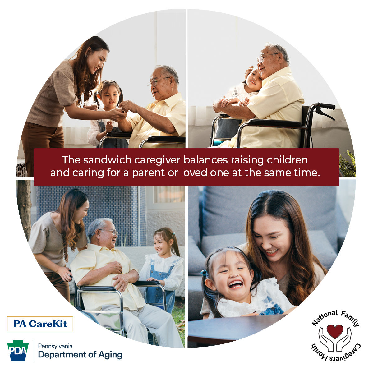 Circle graphic depicting a young mother who's also caregiving for an older loved one. 