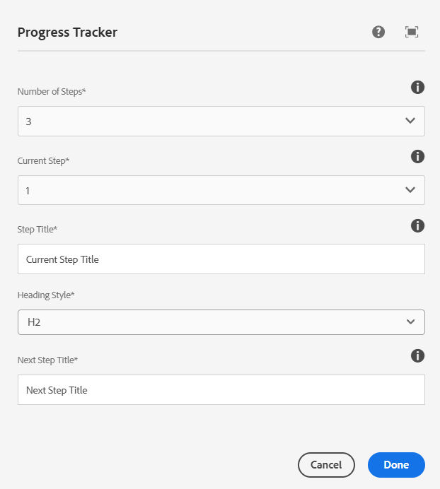 The Properties tab in the Progress Tracker authoring dialog. Fields explained below.