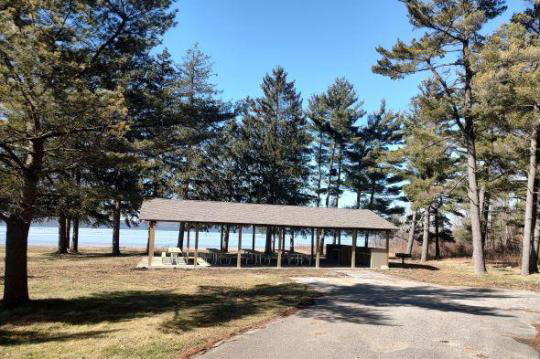 A wooden pavilion covering several picnic tables surrounded by the woods with parking close by