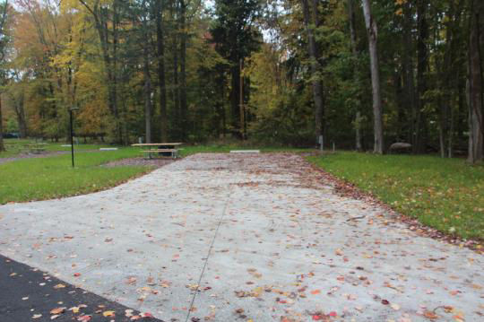 A paved, accessible path meanders through a tranquil forest with bare trees and fallen leaves. A picnic table, designed for easy access, is visible in the background, inviting visitors to enjoy a meal in nature. 