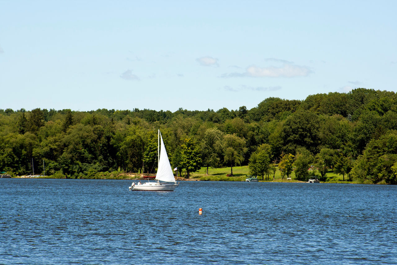 A sailboat in the blue waters of the lake with a forest in the background