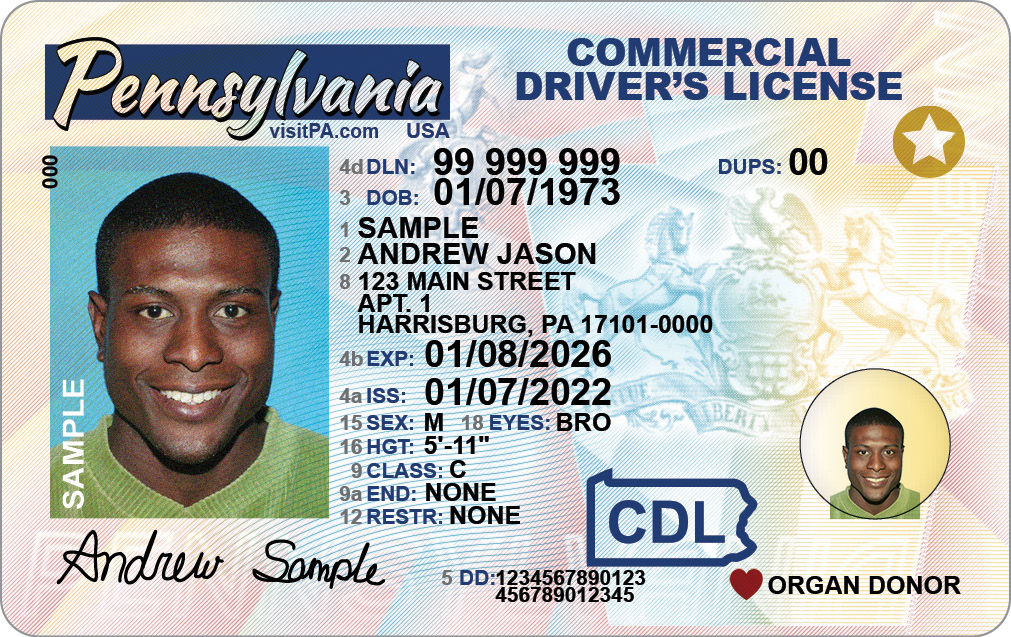 PA Commercial Driver's License with star in upper right corner indicating that it is REAL-ID compliant