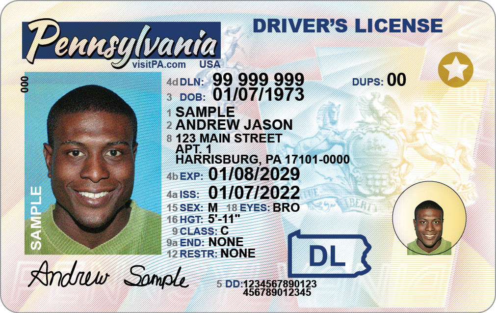 PA Driver's License with star in upper right corner indicating that it is REAL-ID compliant