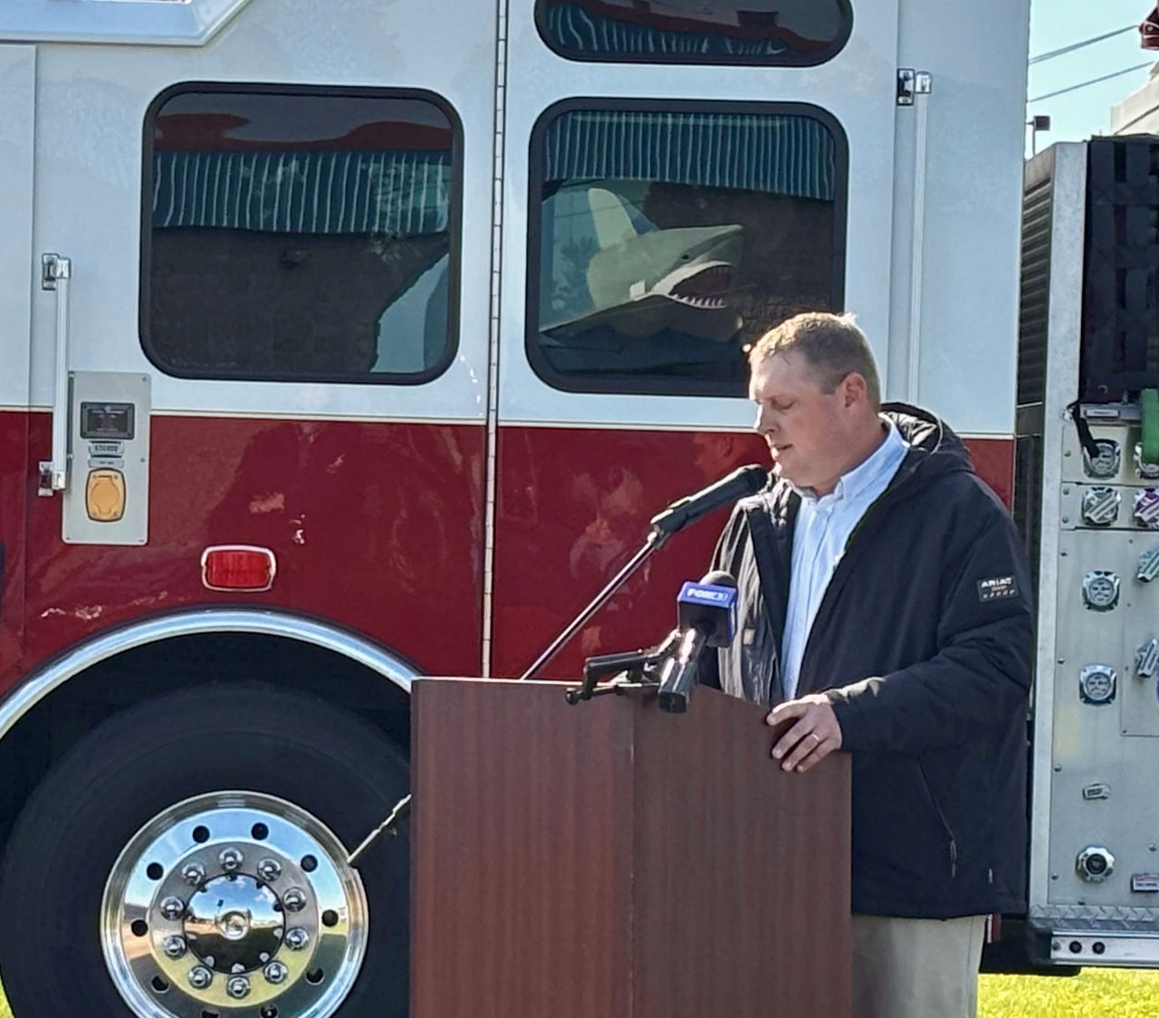 Mike Reeder speaks during media event for 2025 construction season wrap, and Centerville Road project dedication.