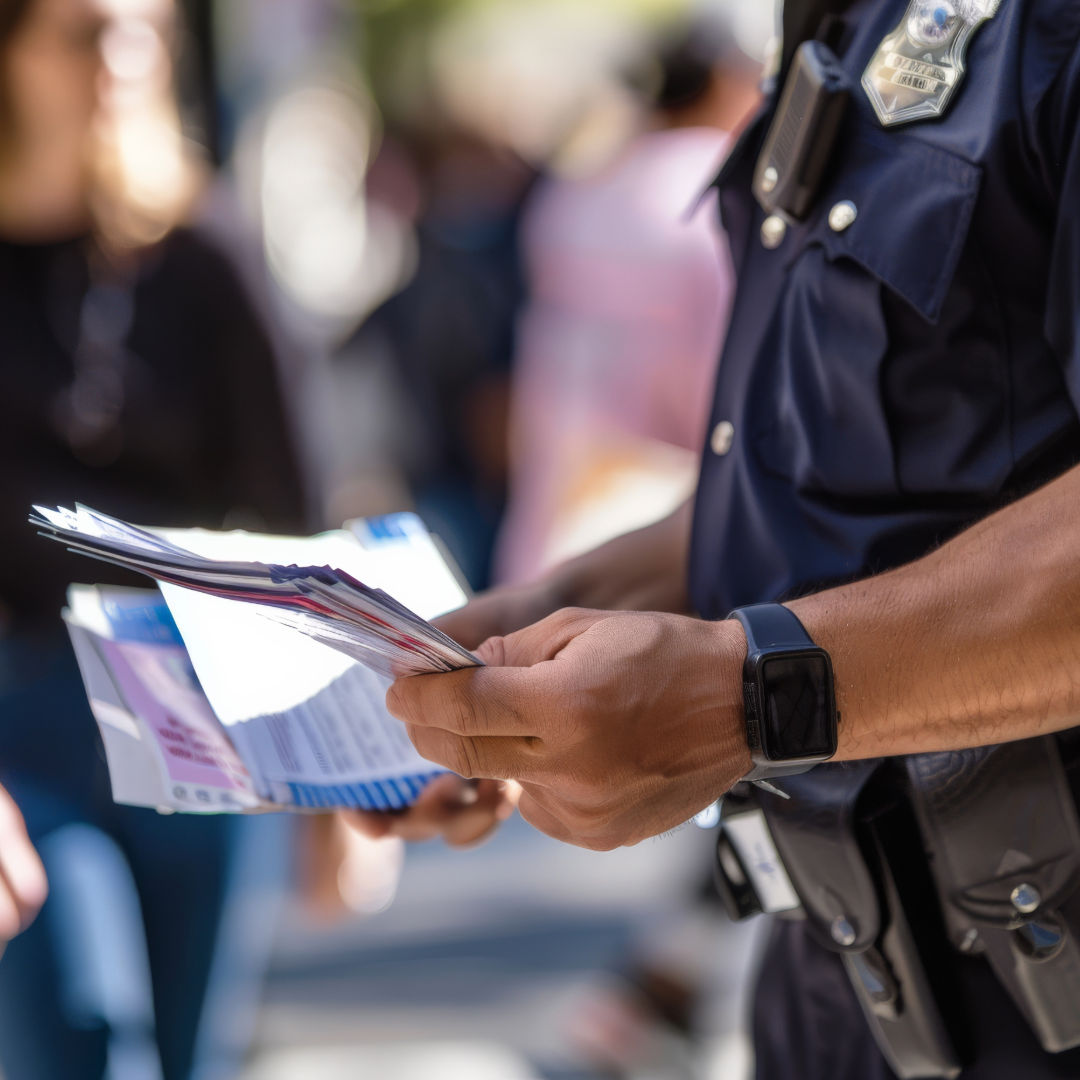 A uniformed law enforcement officer holding informational pamphlets while standing in a public setting, with people blurred in the background, representing access to resources, outreach, and education on human trafficking.
