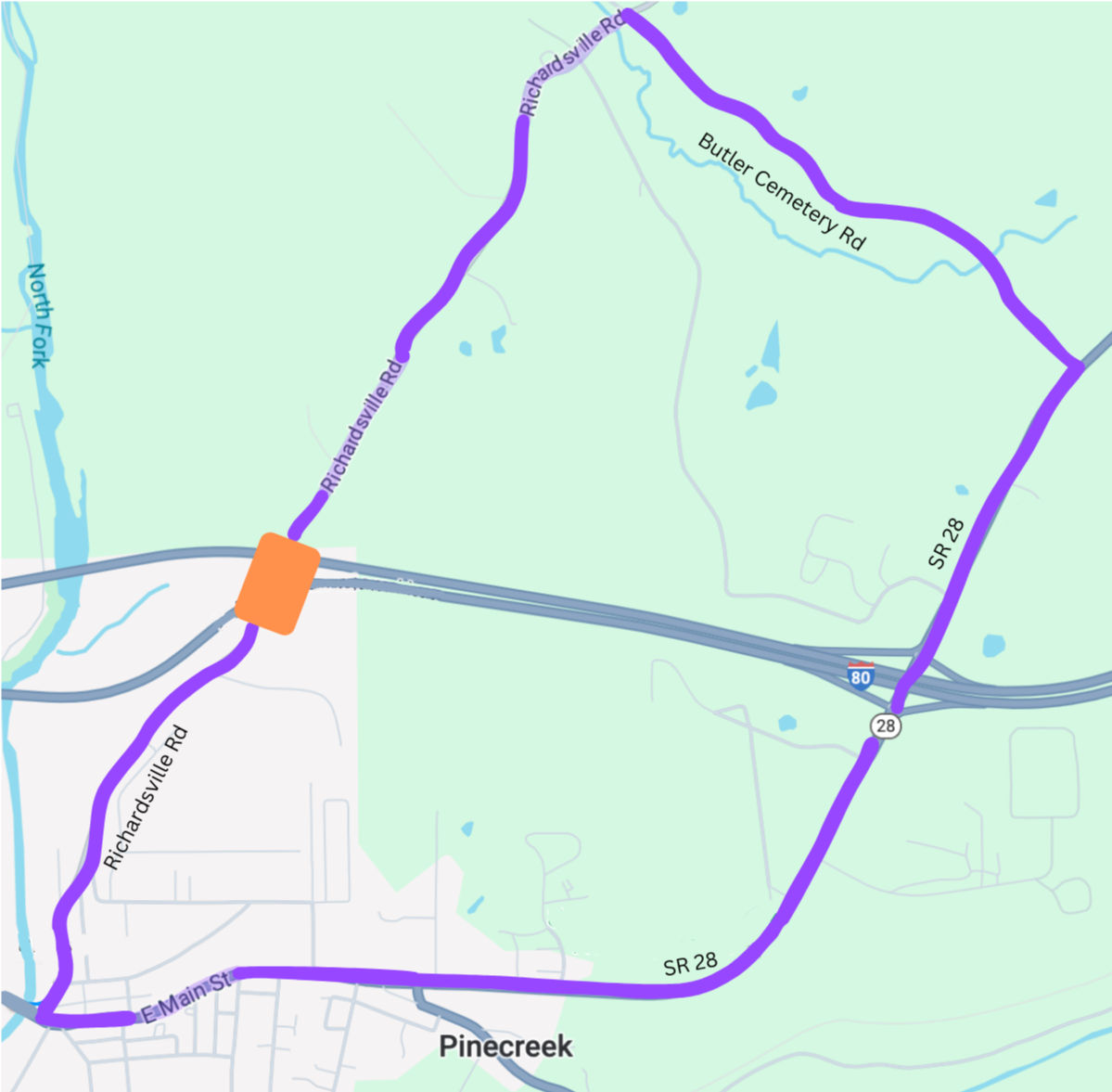I80 North Fork Richardsville Road Detour Map	