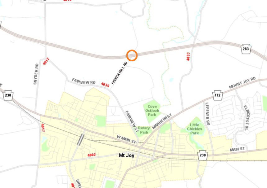 Location of Risser Mill Road bridge over Route 283 in Lancaster County.