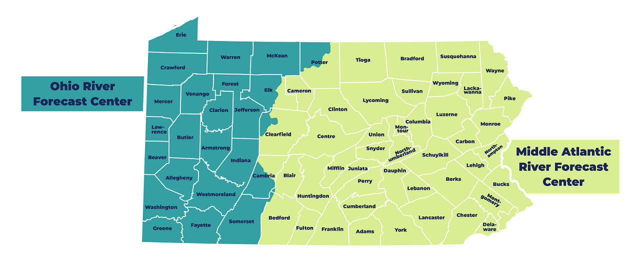 Map showing that the western part of the state is covered by the Ohio River Forecast Center and the Central to Eastern part of the state is covered by the Middle Atlantic River Forecast Center.