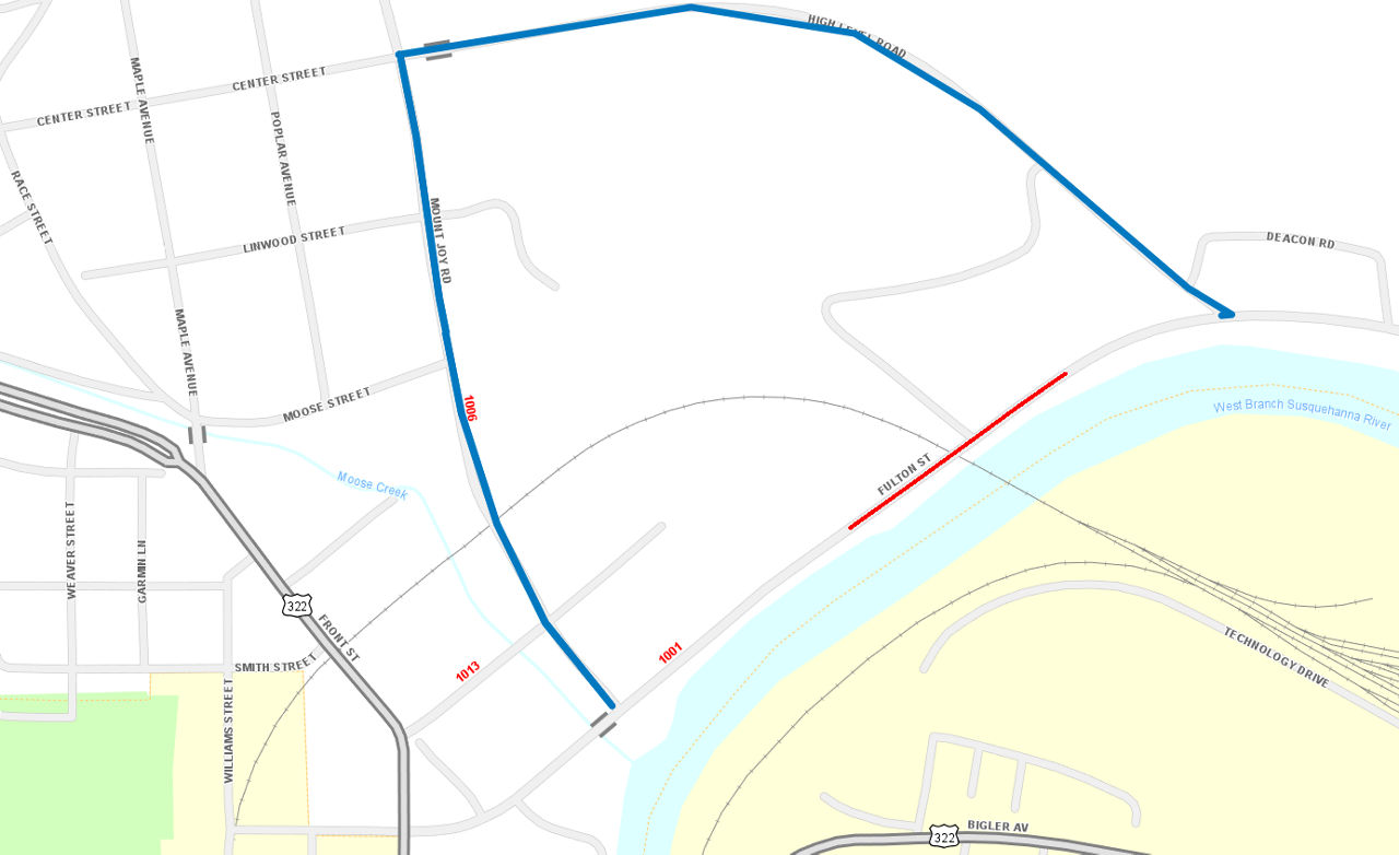 Detour Map for Route 1001 (River Road) closure in August