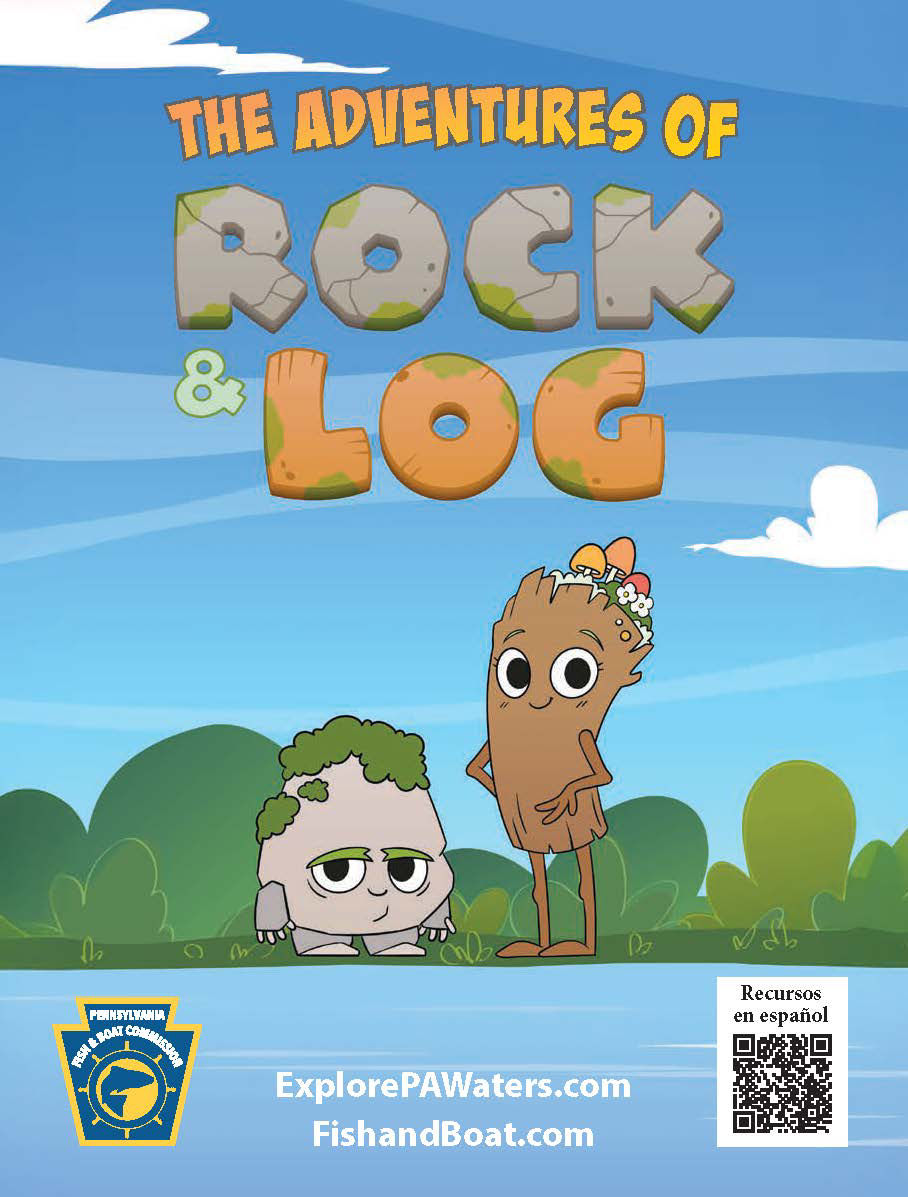 Cover page The Adventures of Rock & Log activity book featuring animation of Rock and Log standing along a waterway. 