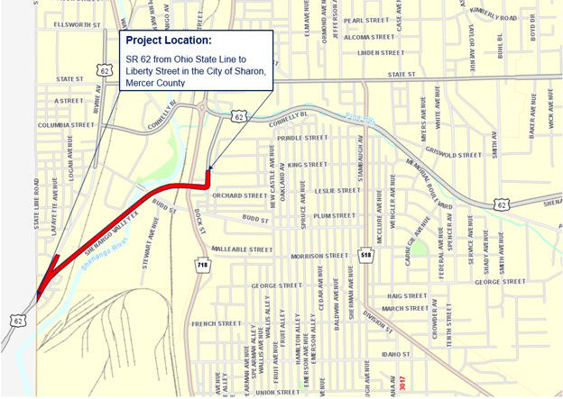 Map showing the area covered by the Route 62 project