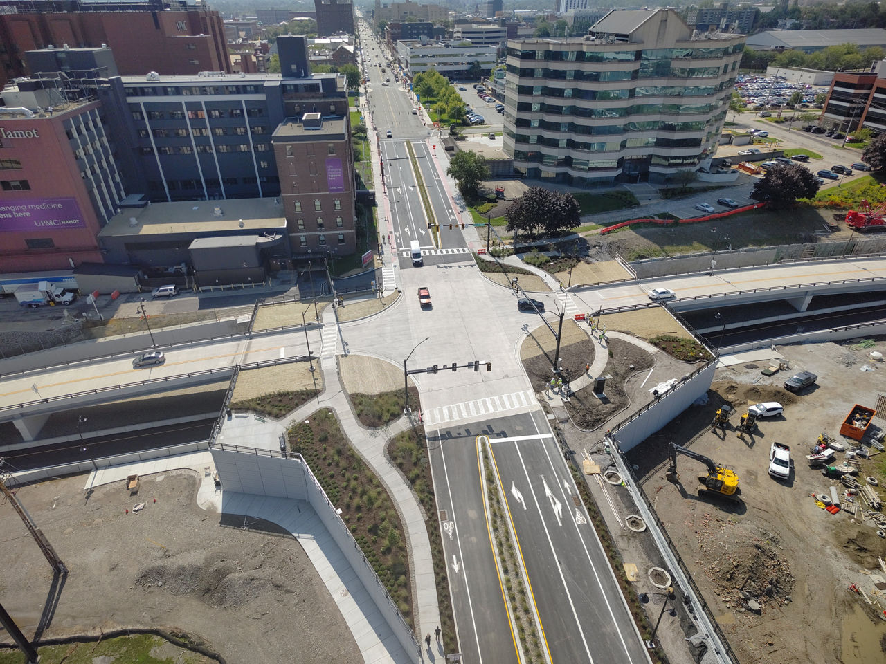 Overhead view of reopened State Street Intersection and Bayfront Parkway in Erie