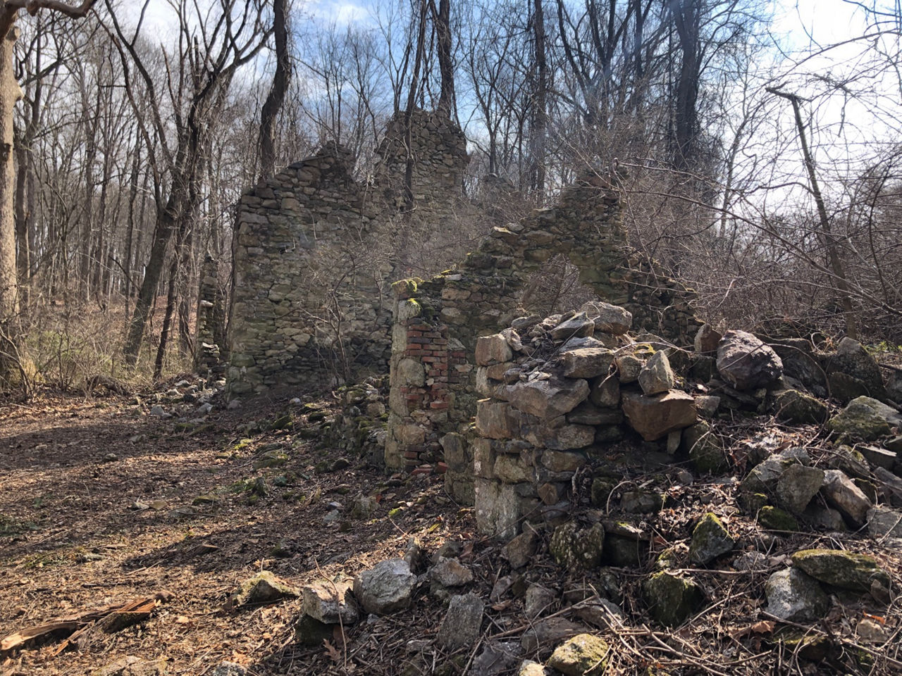 Stone ruins of a previous building, surrounded by trees.