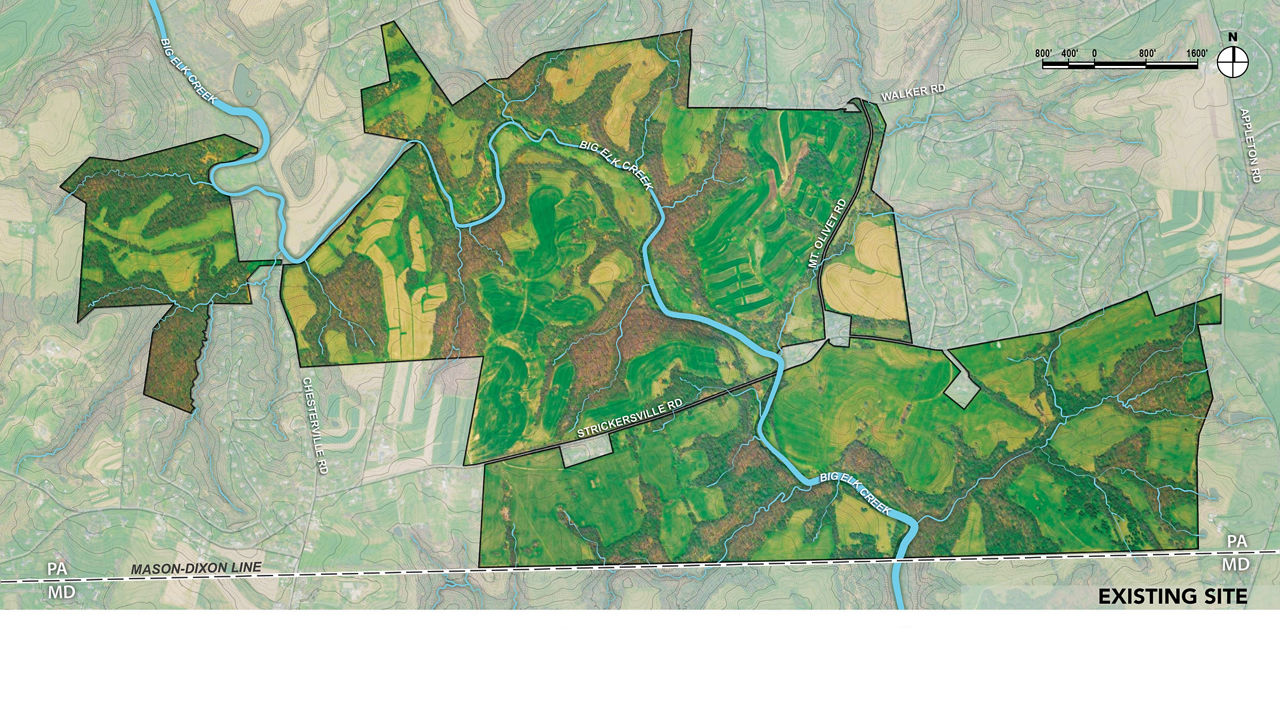 A map outlining the existing site at Big Elk Creek State Park indicating the type of land throughout. 