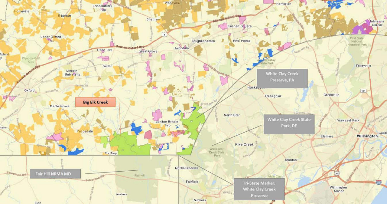 A map showing where Big Elk Creek is located in Chester County, PA. 