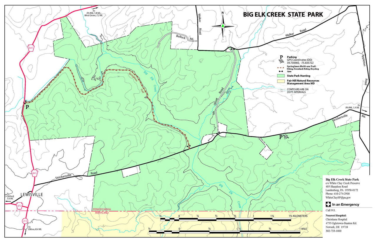 A map showing the boundary lines of Big Elk Creek State Park.