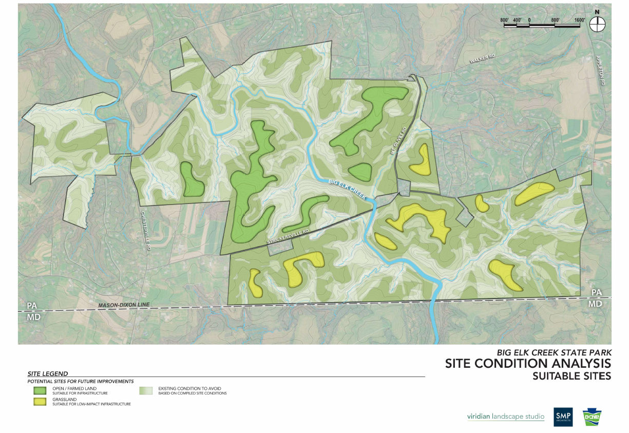 Map of existing site conditions - suitable sites at Big Elk Creek State Park
