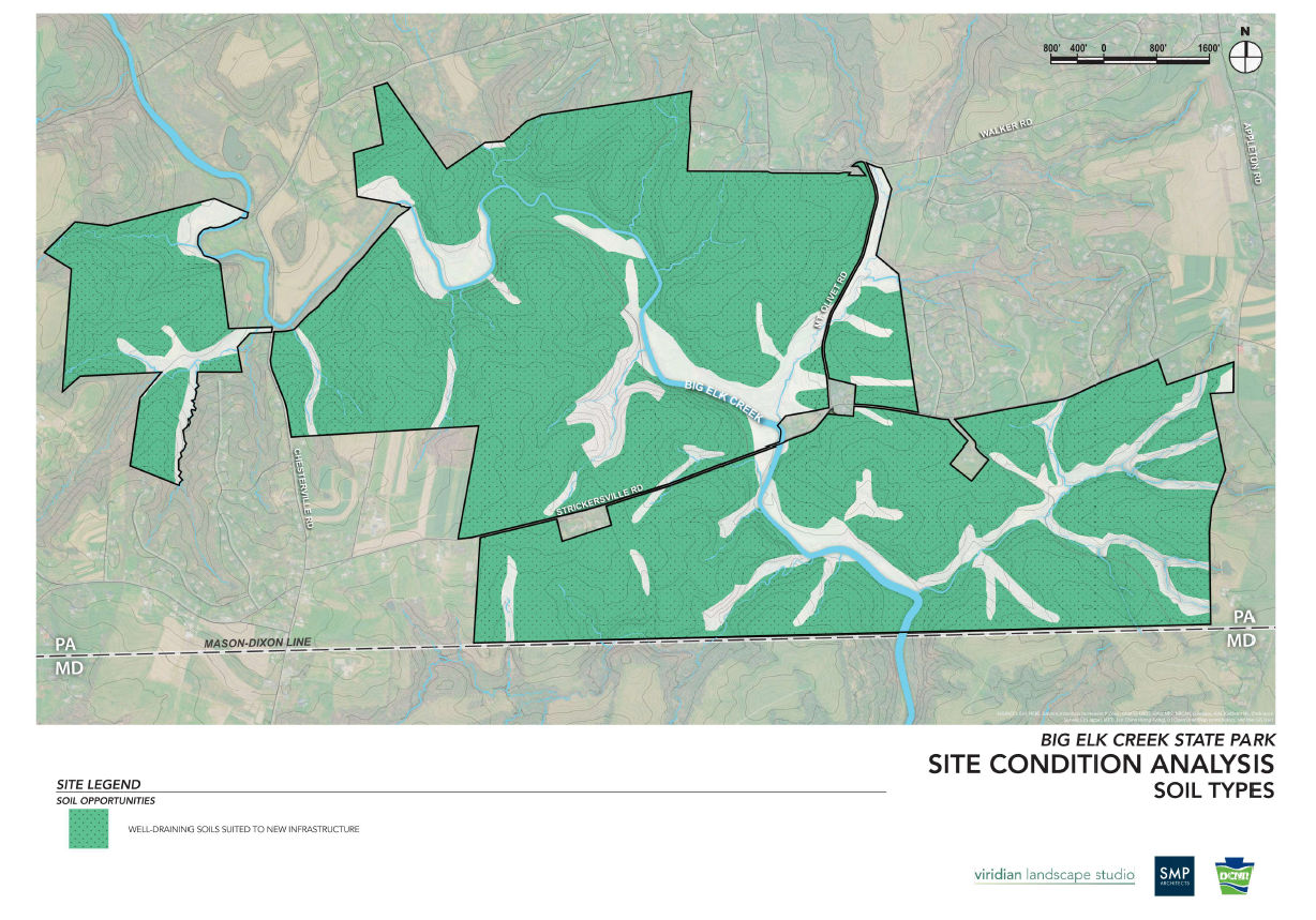 Map of existing site conditions - well draining soils at Big Elk Creek State Park
